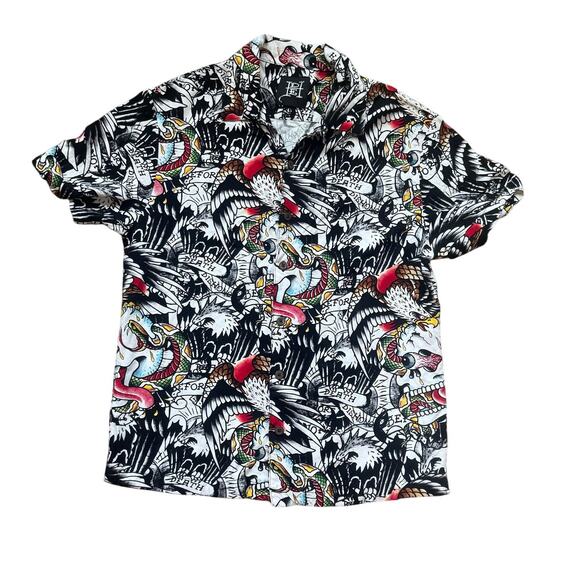 Ed‎ Hardy Men's Button Shirt S Tattoo Death Before Dishonor Eagle Snake Skull - Picture 1 of 10